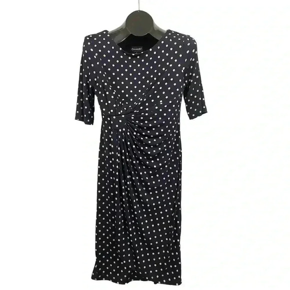 Dark Blue Polka Dot Sheath Wrap Dress Jersey Connected Apparel Sz 6 - Picture 1 of 9